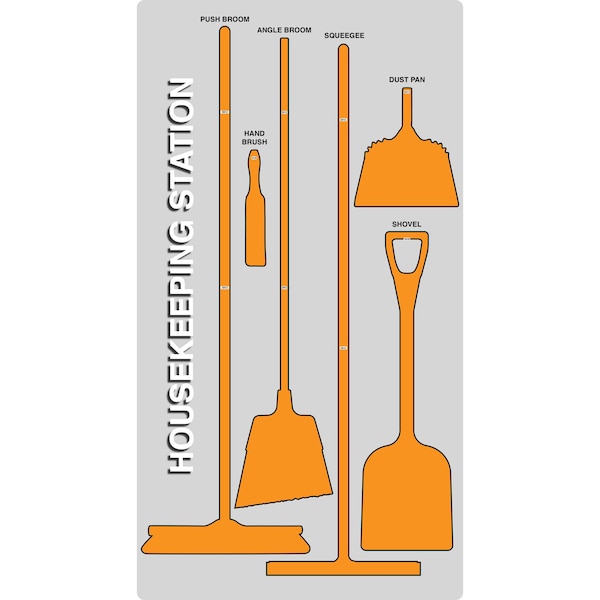 5S Housekeeping Shadow Board Broom Station Version 8 - Gray Board / Orange Shadows No Broom
